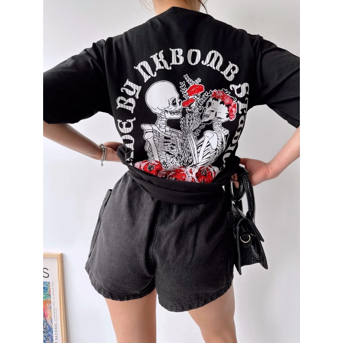 Sırt Ve Ön Baskılı Unisex Oversize T-shirt-SİYAH