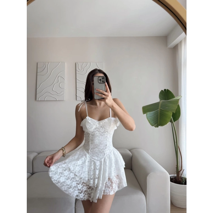 Şortlu Bel Korse Dantel Elbise - BEYAZ