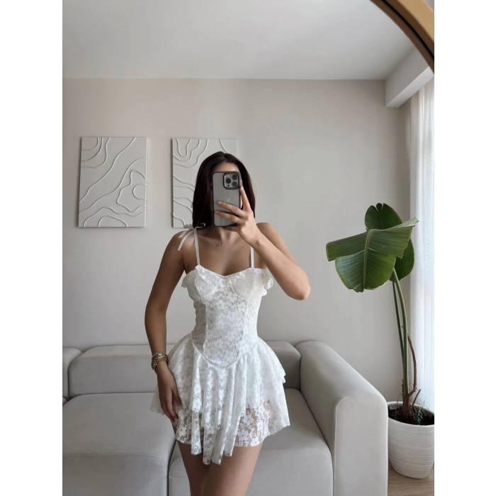 Şortlu Bel Korse Dantel Elbise - BEYAZ