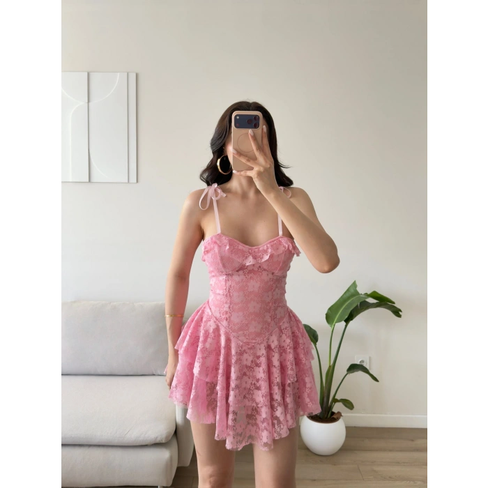 Şortlu Bel Korse Dantel Elbise - PEMBE