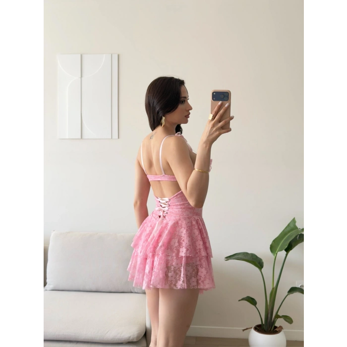 Şortlu Bel Korse Dantel Elbise - PEMBE