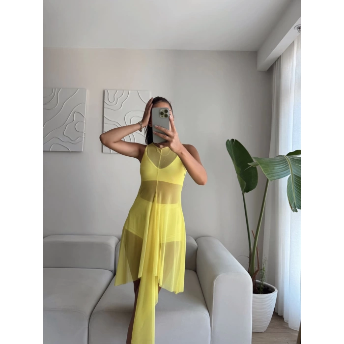 Şortlu Crop Tül Elbise Takım - SARI