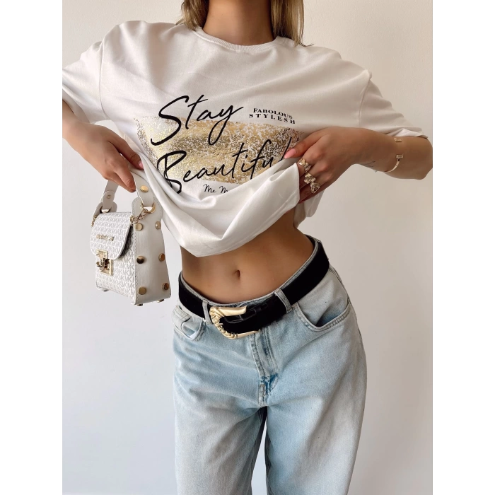 Stay Beautiful Unisex Oversize T-shirt-BEYAZ