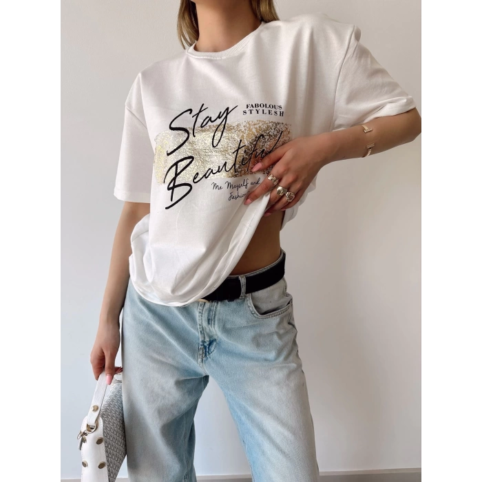 Stay Beautiful Unisex Oversize T-shirt-BEYAZ
