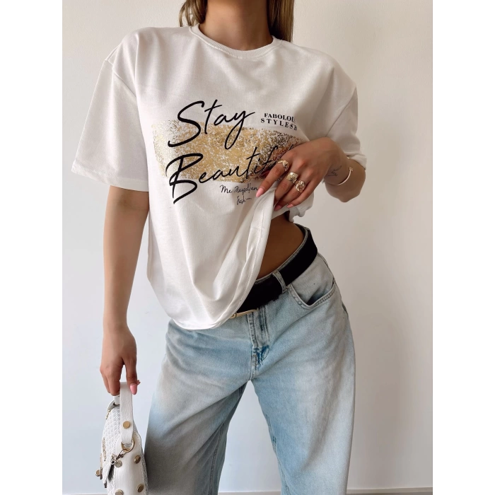 Stay Beautiful Unisex Oversize T-shirt-BEYAZ
