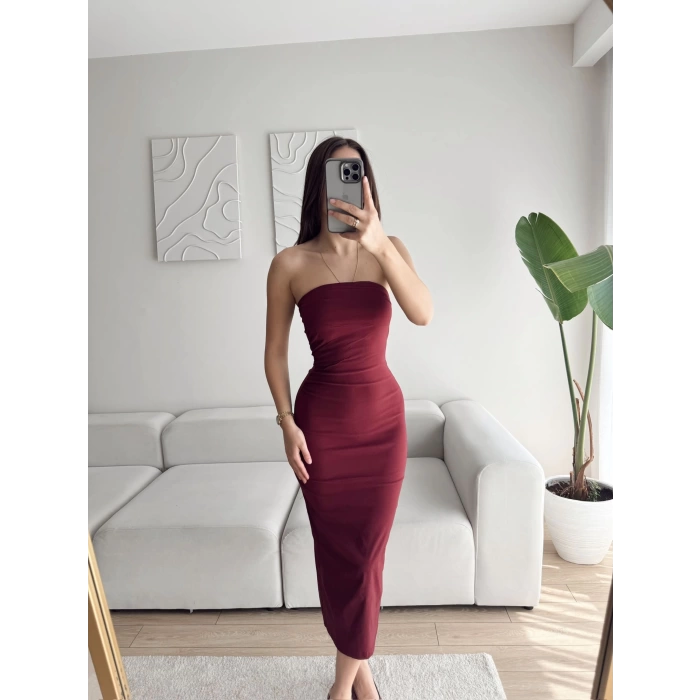 Straplez Arkası Yırtmaçlı Elbise - BORDO