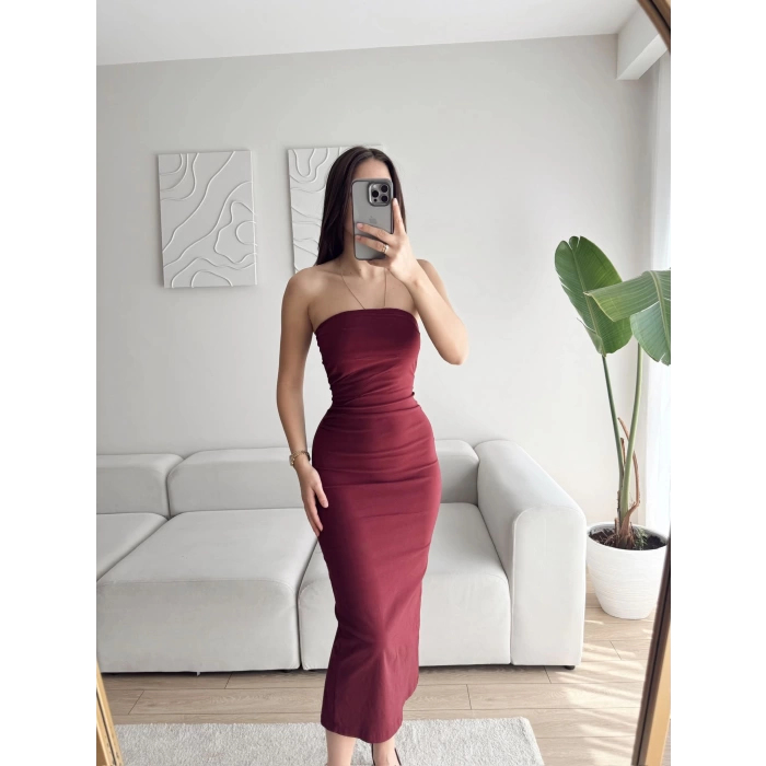 Straplez Arkası Yırtmaçlı Elbise - BORDO