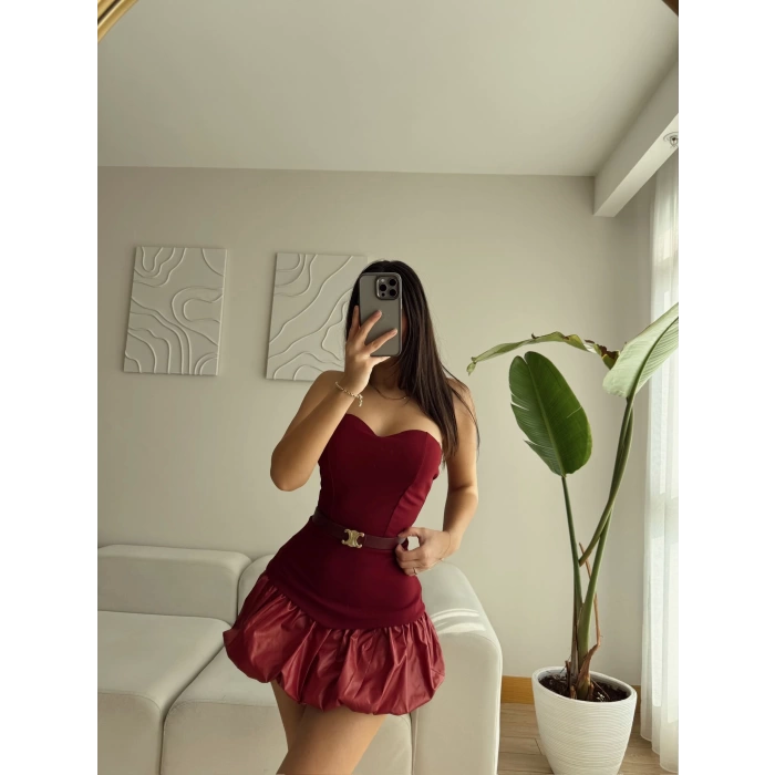 Straplez Balon Etek Kemerli Elbise - BORDO