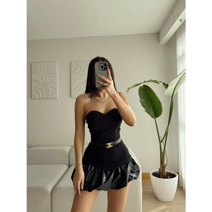 Straplez Balon Etek Kemerli Elbise - SİYAH