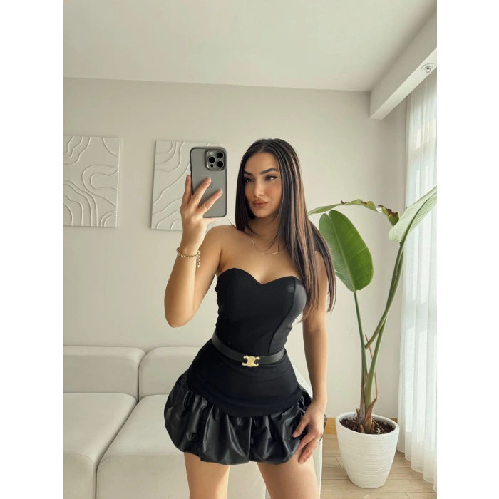 Straplez Balon Etek Kemerli Elbise - SİYAH