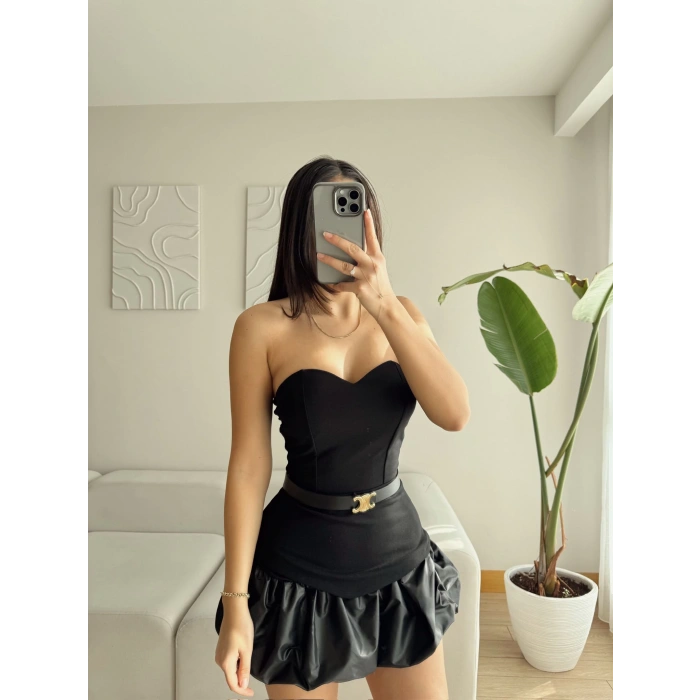 Straplez Balon Etek Kemerli Elbise - SİYAH