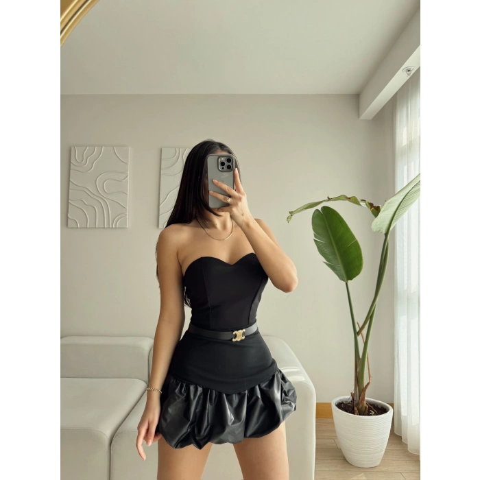 Straplez Balon Etek Kemerli Elbise - SİYAH