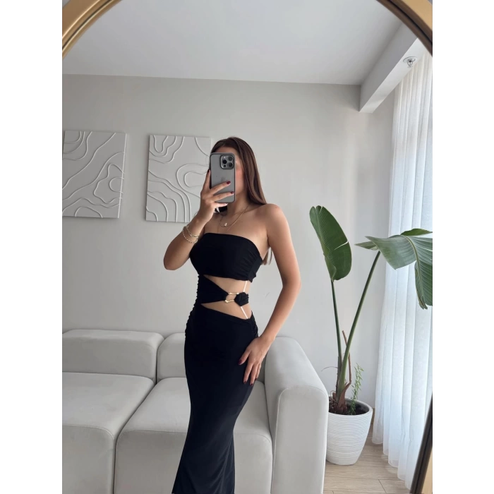 Straplez Bel Pencere Elbise - SİYAH