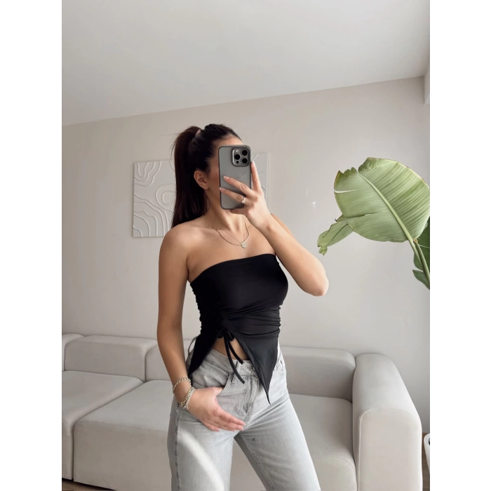 Straplez Büzgülü Crop - SİYAH