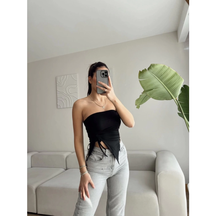 Straplez Büzgülü Crop - SİYAH