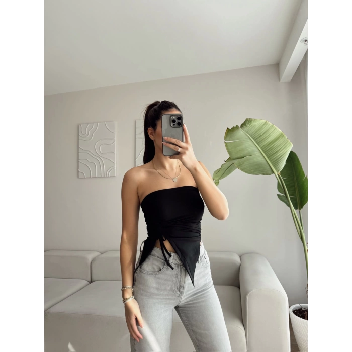 Straplez Büzgülü Crop - SİYAH