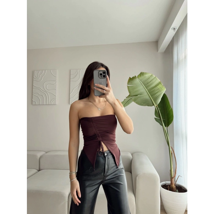 Straplez Büzgülü Crop - KAHVE