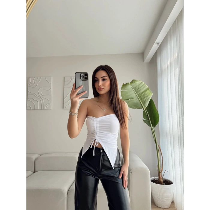 Straplez Büzgülü Crop - BEYAZ