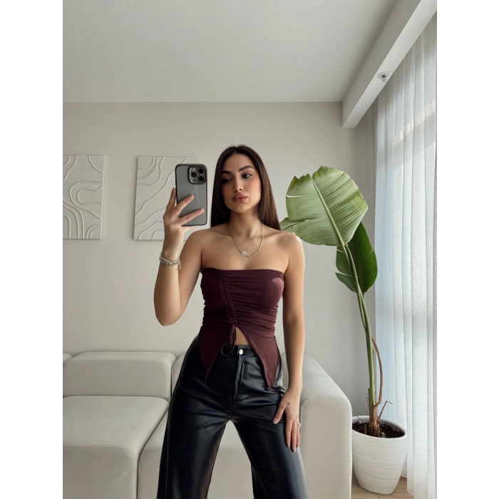 Straplez Büzgülü Crop - KAHVE