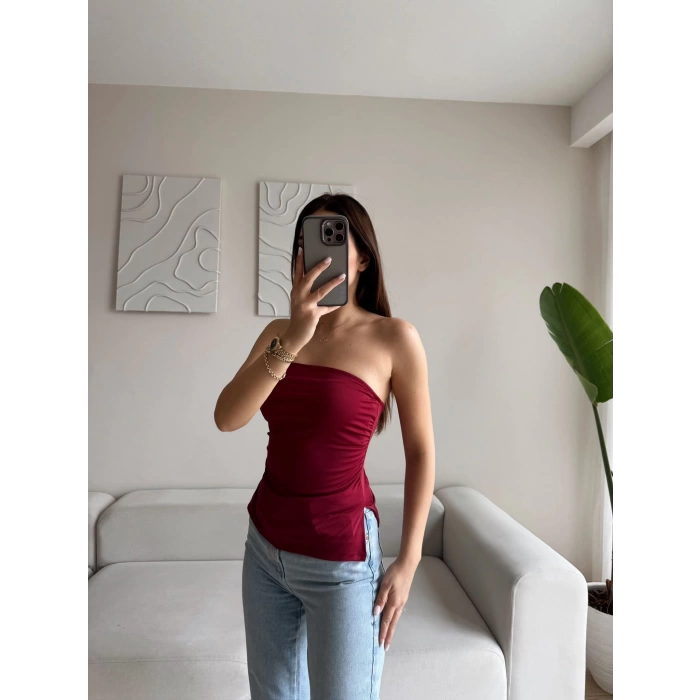 Straplez Çift Yırtmaçlı Crop - BORDO