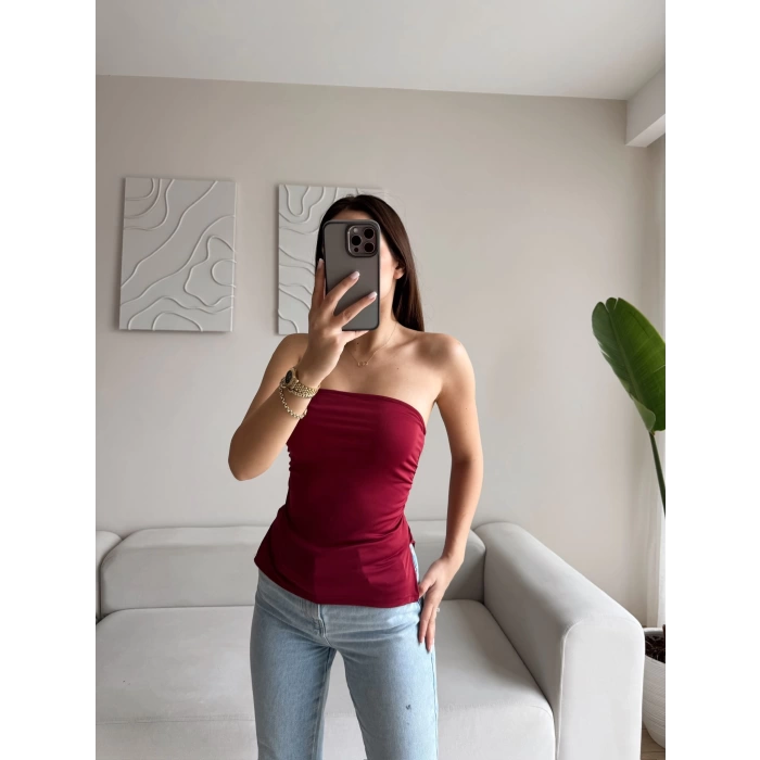 Straplez Çift Yırtmaçlı Crop - BORDO