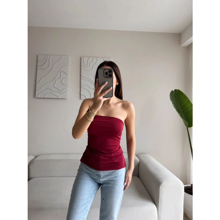 Straplez Çift Yırtmaçlı Crop - BORDO