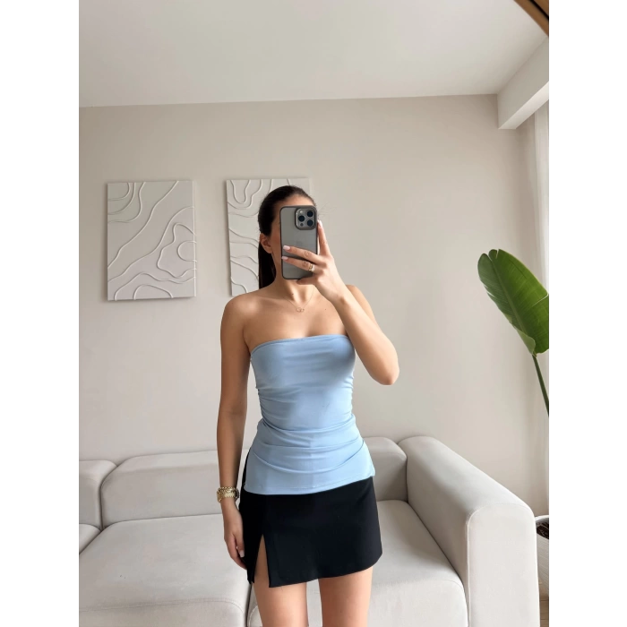 Straplez Çift Yırtmaçlı Crop - MAVİ