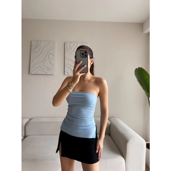 Straplez Çift Yırtmaçlı Crop - MAVİ