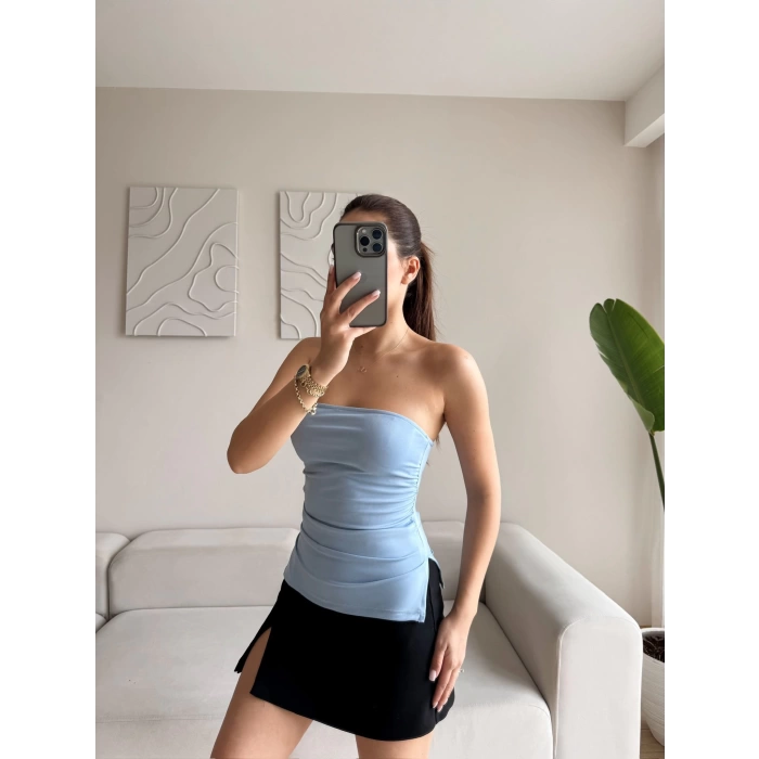 Straplez Çift Yırtmaçlı Crop - MAVİ