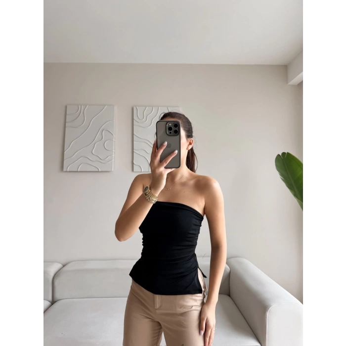 Straplez Çift Yırtmaçlı Crop - SİYAH
