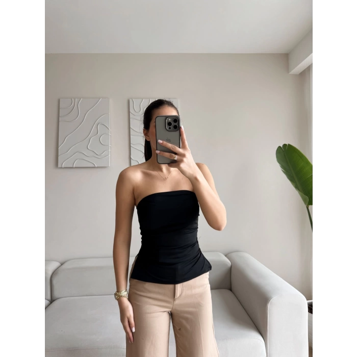 Straplez Çift Yırtmaçlı Crop - SİYAH