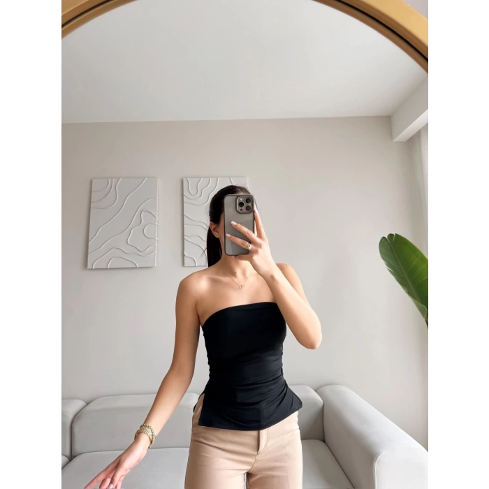 Straplez Çift Yırtmaçlı Crop - SİYAH