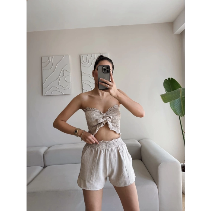 Straplez Crop & Şortlu Takım - BEJ