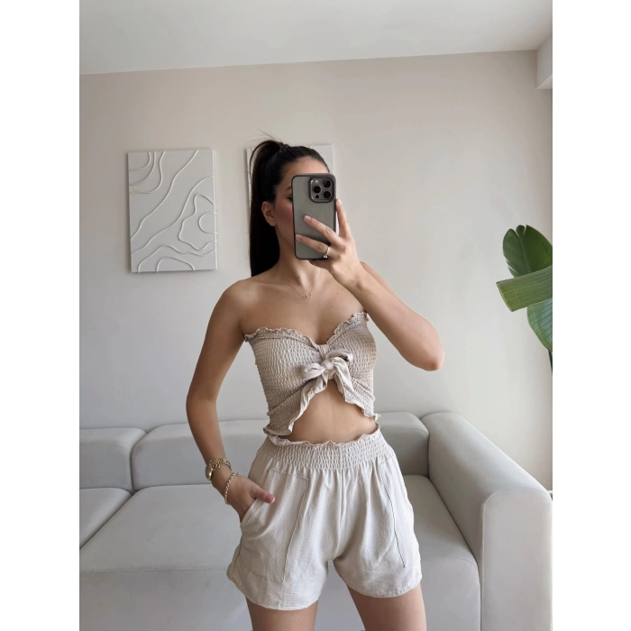 Straplez Crop & Şortlu Takım - BEJ