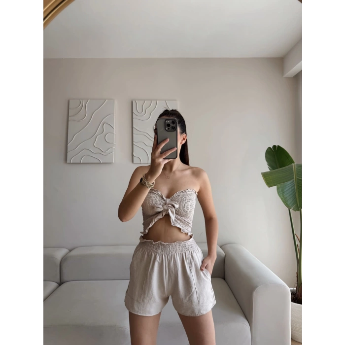 Straplez Crop & Şortlu Takım - BEJ