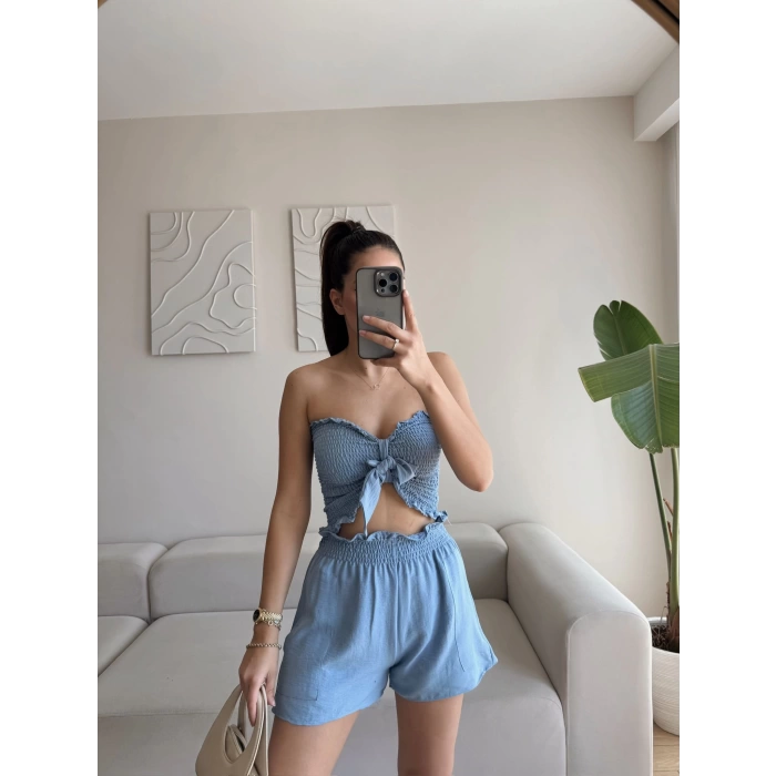 Straplez Crop & Şortlu Takım - MAVİ