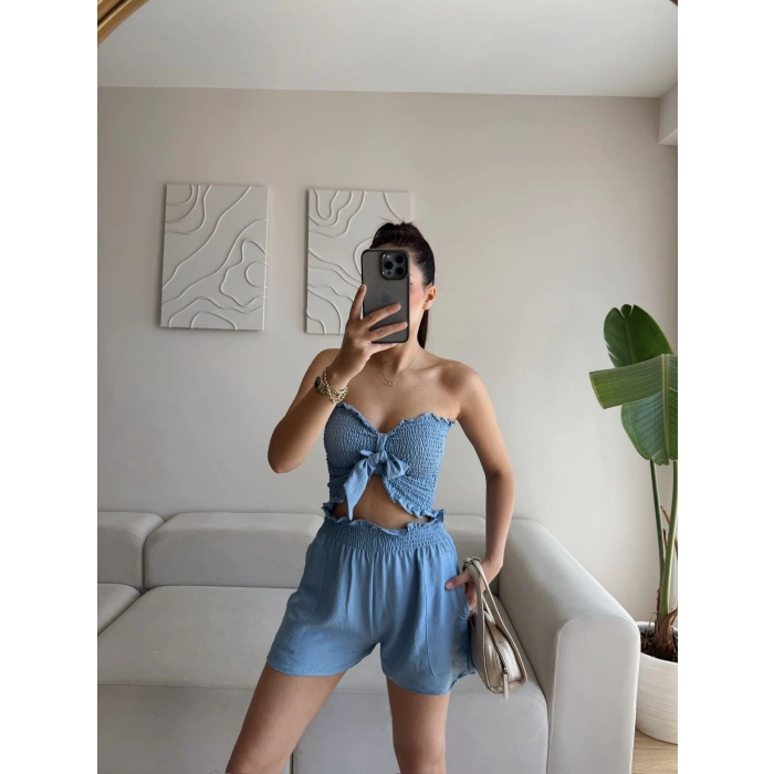 Straplez Crop & Şortlu Takım - MAVİ