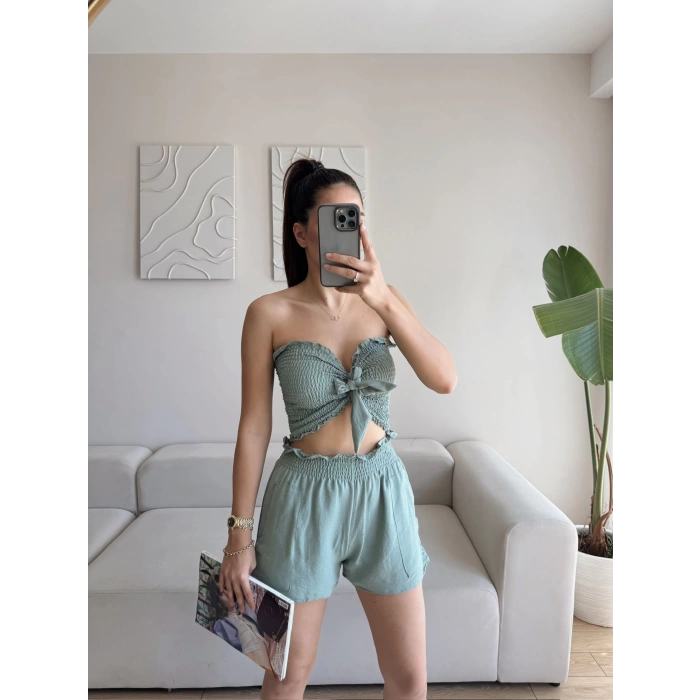 Straplez Crop & Şortlu Takım - YEŞİL