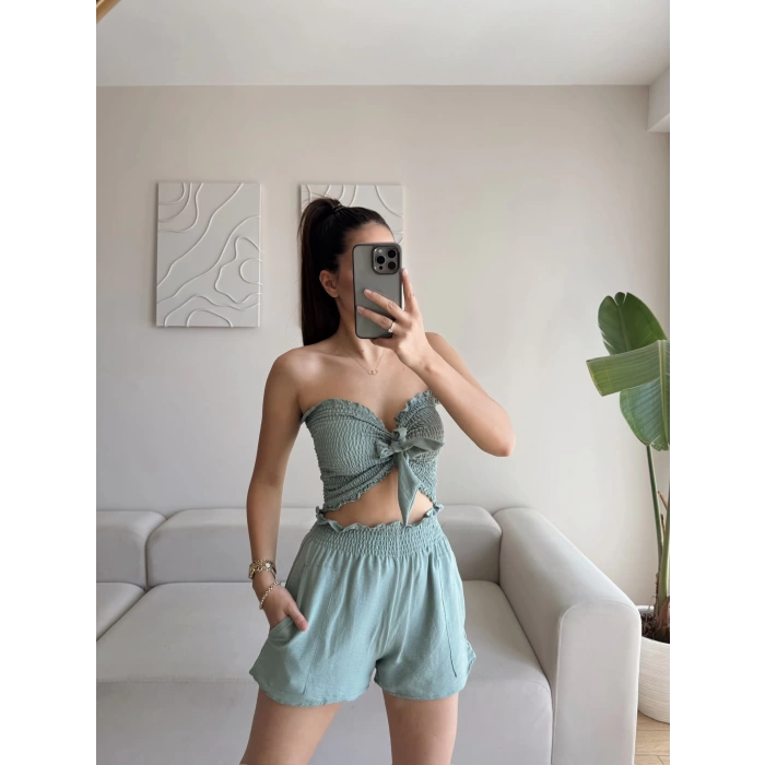 Straplez Crop & Şortlu Takım - YEŞİL