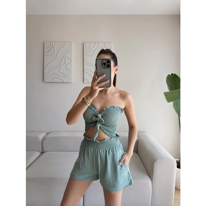 Straplez Crop & Şortlu Takım - YEŞİL
