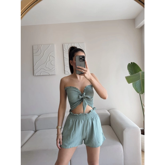 Straplez Crop & Şortlu Takım - YEŞİL
