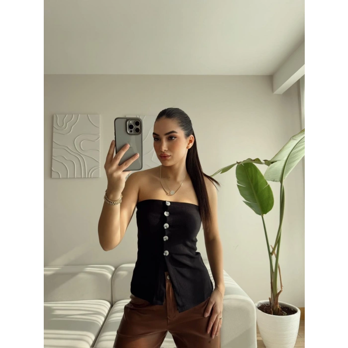 Straplez Düğmeli Bluz - SİYAH