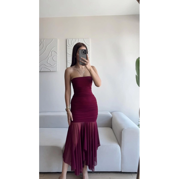 Straplez Eteği Şifon Elbise - BORDO