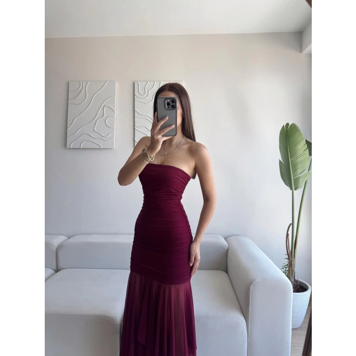 Straplez Eteği Şifon Elbise - BORDO
