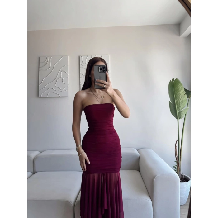 Straplez Eteği Şifon Elbise - BORDO