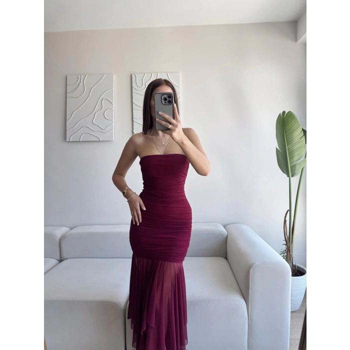 Straplez Eteği Şifon Elbise - BORDO