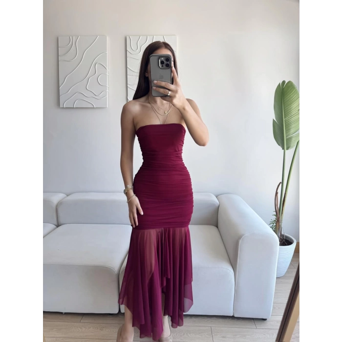 Straplez Eteği Şifon Elbise - BORDO