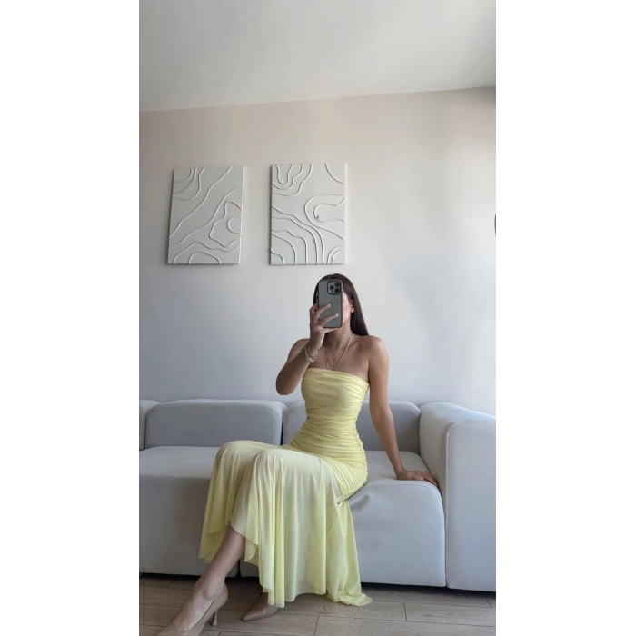 Straplez Eteği Şifon Elbise - SARI