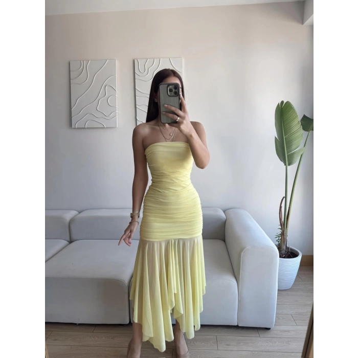 Straplez Eteği Şifon Elbise - SARI