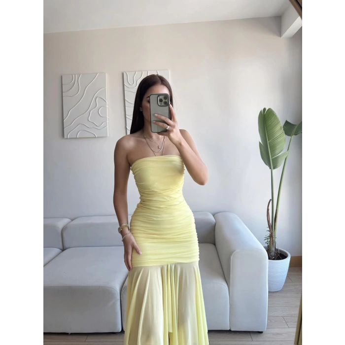 Straplez Eteği Şifon Elbise - SARI